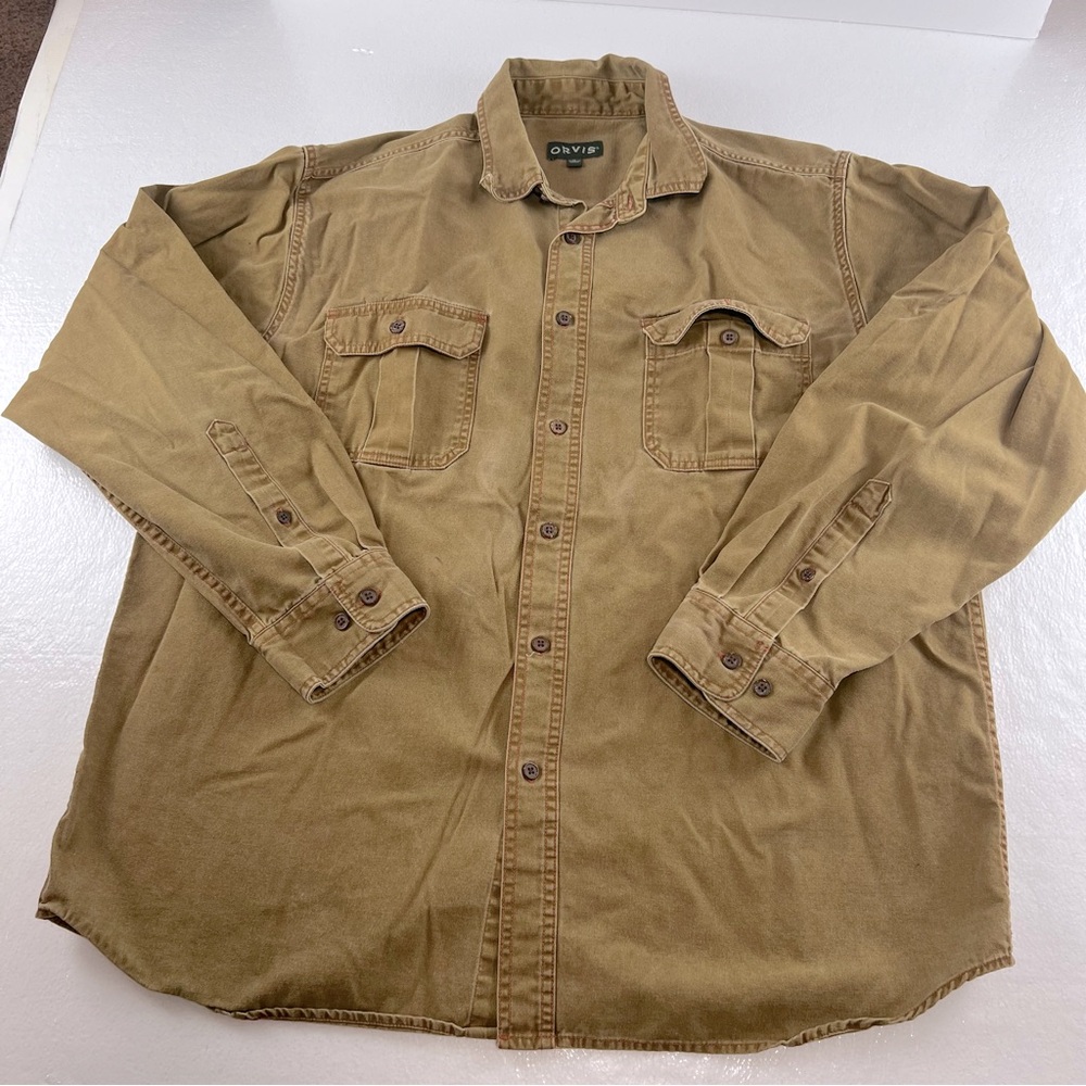 Orvis Size XL Cotton Button Down Collared Tan Denim/Canvas Shirt